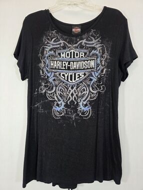 Harley-Davidson Rhinestone Embellished Lace-Up Back Top XL Black Biker Boho